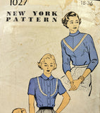 New York 1027: 1950s Easy Uncut Misses Blouse Sz 36 B Vintage Sewing Pattern