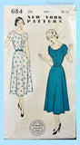New York 684: 1950s Lovely Uncut Misses Day Dress Sz 36 B Vintage Sewing Pattern