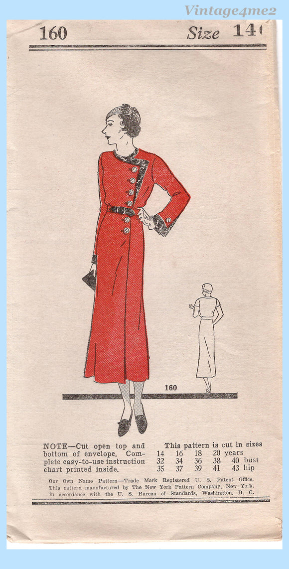 Own Name 160: 1930s Uncut Misses Street Dress Sz 34 B Vintage Sewing P – Vintage4me2