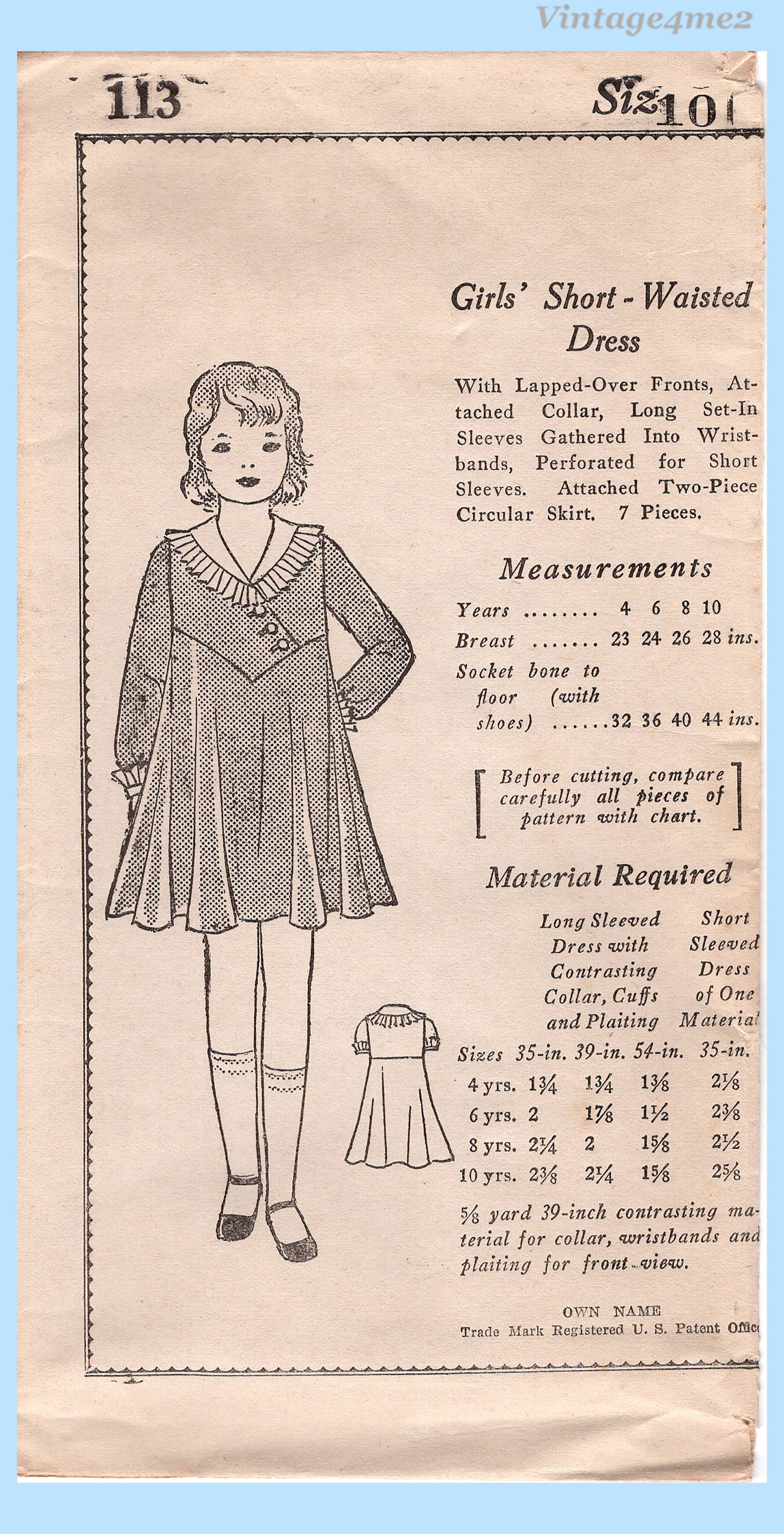 Own Name 110: 1930s Uncut Girls Slip On Dress Vintage Sewing