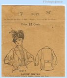 1910s Vintage Pictorial Review Sewing Pattern 5617 Rare Misses Coatee Jacket Sz 34 B