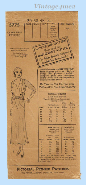 Pictorial Review 5775: 1930s Stylish Misses Street Dress Sz 39 B Vintage Sewing Pattern