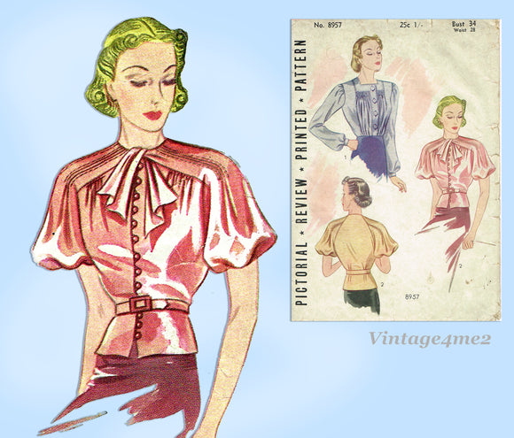 Pictorial Review 8957: 1930s Blouse 34 B Vintage Sewing Pattern Unusual Sleeve