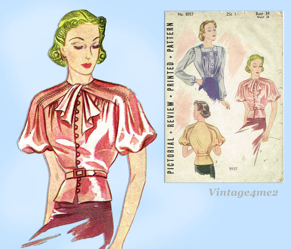 Pictorial Review 8957: 1930s Blouse 34 B Vintage Sewing Pattern Unusual Sleeve