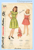 1940s Vintage Simplicity Pattern 1630 Cute and Easy WWII Little Girls Dress Sz 8