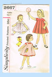 1950s Vintage Simplicity Sewing Pattern 2667 Toddler Girls Dress & Pinafore Sz 1