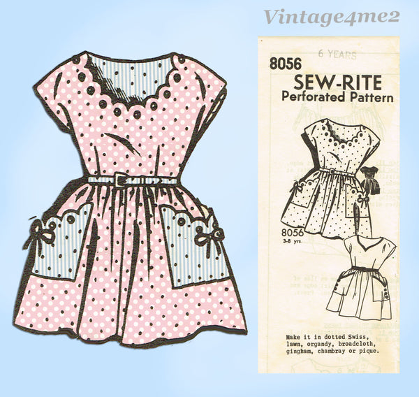 Sew Rite 8056: 1950s Toddler Scalloped Dress Sz 6 Vintage Sewing Pattern