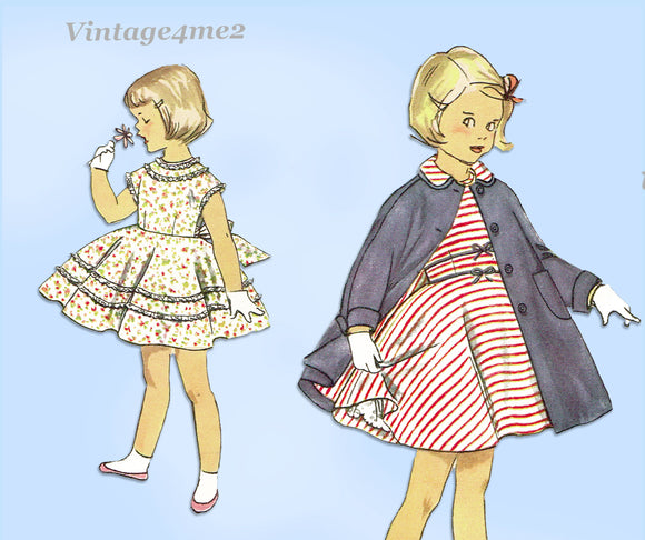 1950s Vintage Simplicity Sewing Pattern 1024 Uncut Toddler Girls Dress & Coat Sz 4