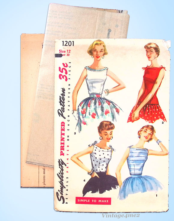 Simplicity 1201: 1950s Easy Misses Summer Blouse Sz 30 B Vintage Sewing Pattern