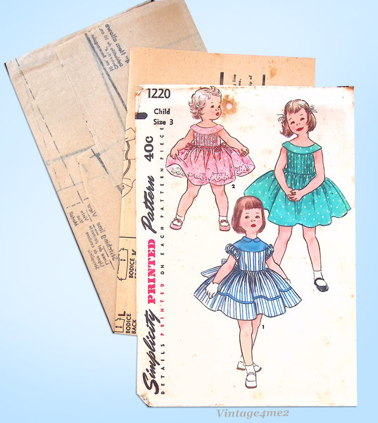 1950s Vintage Simplicity Pattern 1220 Uncut Toddler Girls Tucked Dress Size 3