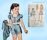 1940s Vintage Simplicity Sewing Pattern 1312 Girls 3 Piece Playsuit Size 8 26B