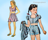 1940s Vintage Simplicity Sewing Pattern 1312 Girls 3 Piece Playsuit Size 8 26B