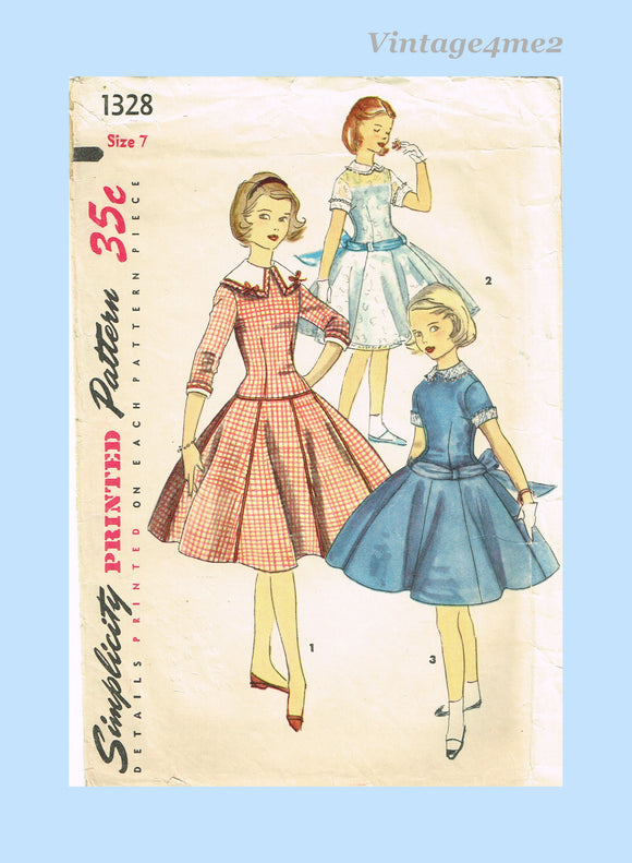 1950s Simplicity Sewing Pattern 1328 Little Girls Day or Party Dress Sz 7