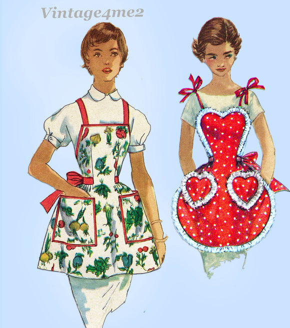 1950s Vintage Simplicity Sewing Pattern 1359 1 Yard Heart Pocket Apron Fits All