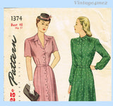 Simplicity 1374: 1940s WWII Plus Size Shirtwaist Dress 48B Vintage Sewing Pattern