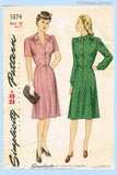Simplicity 1374: 1940s WWII Plus Size Shirtwaist Dress 48B Vintage Sewing Pattern