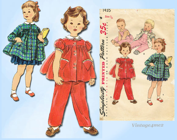 Simplicity 1435: 1950s Infant Overalls and Smock Sz 6mos Vintage Sewing Pattern
