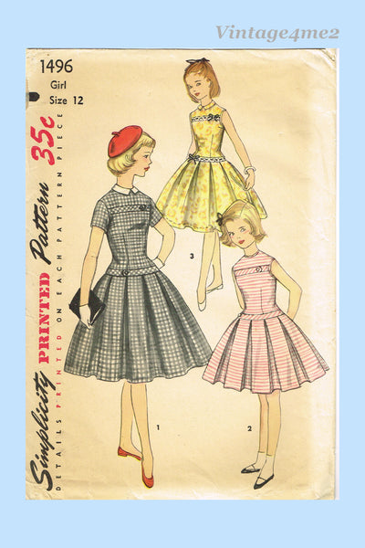 1950s Vintage Simplicity Sewing Pattern 1496 Sweet Little Girls Dress Sz 12