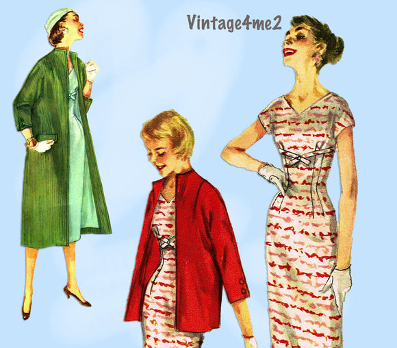 Simplicity 1505: 1950s Misses Dress & Swagger Coat Sz 30B Vintage Sewing Pattern
