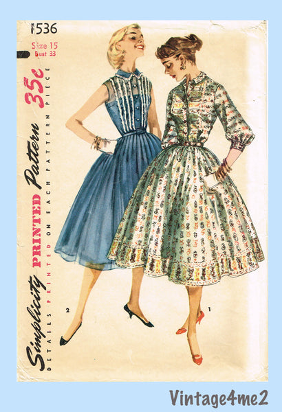 Simplicity 1536: 1950s Cute Misses Party Dress Size 33 B Vintage Sewing Pattern