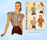 Simplicity 1538: 1940s Cute WWII Misses Blouse Sz 14 Vintage Sewing Pattern