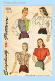 Simplicity 1538: 1940s Cute WWII Misses Blouse Sz 14 Vintage Sewing Pattern