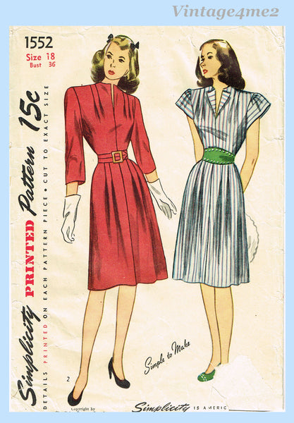 Simplicity 1552: 1940s Miises WWII Day Dress Sz 36 B Vintage Sewing Pattern