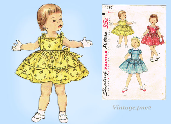 Simplicity 1559: 1950s Sweet Toddler Girls Dress Size 2 Vintage Sewing Pattern