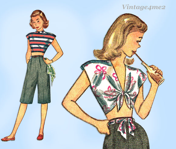 1940s Vintage Simplicity Sewing Pattern 1613 WWII Beach Midriff Top Shorts Sz34