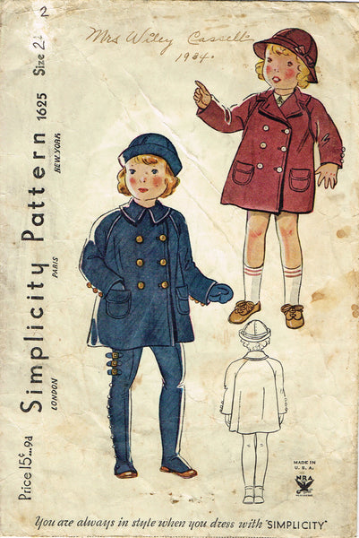 Simplicity 1625: 1930s Toddler Coat Leggings and Hat Sz2 Vintage Sewing Pattern