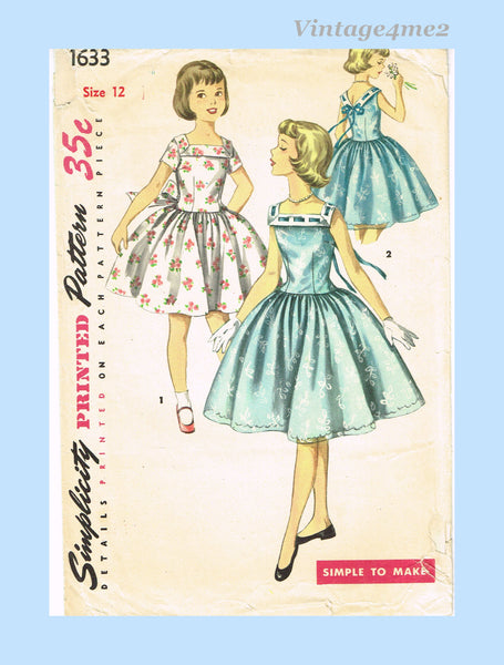 Simplicity 1633: 1950s Stunning Little Girls Party Dress Vintage Sewing Pattern