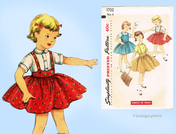 Simplicity 1702: 1950s Sweet Toddler Girls Dress Size 4 Vintage Sewing Pattern