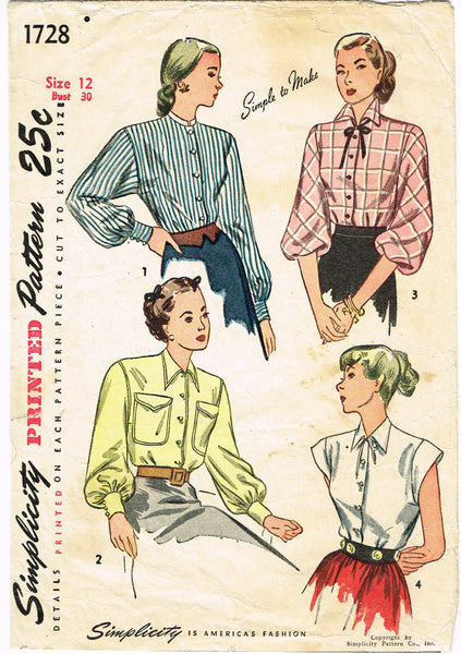 Simplicity 1728: 1940s Cute Post WWII Misses Blouse Vintage Sewing Pattern