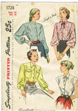 Simplicity 1728: 1940s Cute Post WWII Misses Blouse Vintage Sewing Pattern 34 Bust