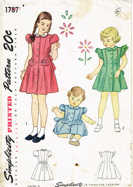 Simplicity 1787: 1940s Toddler Girls Princess Dress Vintage Sewing Pattern
