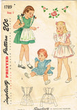 Simplicity 1789: 1940s Cute Baby Girls Pinafore Dress Vintage Sewing Pattern Size 1