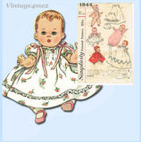 1950s Vintage Simplicity Sewing Pattern 1844 11 1/2 Inch Baby Doll Clothes ORIG