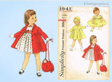 1950s Vintage Simplicity Sewing Pattern 1941 Baby Girls Dress and Coat Size 1