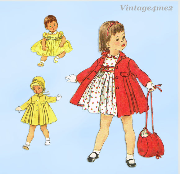 1950s Vintage Simplicity Sewing Pattern 1941 Baby Girls Dress and Coat Size 1