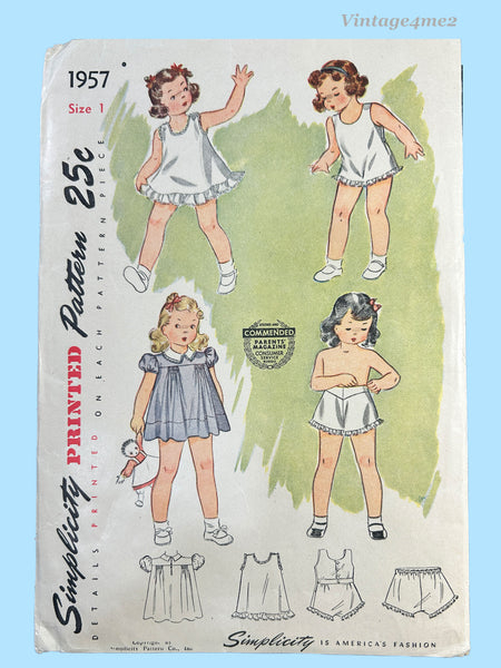 1940s Vintage Simplicity Pattern 1957 Sweet Baby Girls Dress & Combination Set