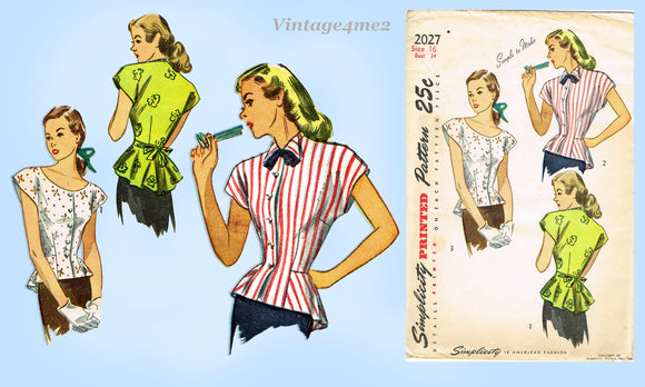 Simplicity 2027: 1940s Chic Misses Peplum Blouse Sz 34 B Vintage Sewing Pattern UNCUT