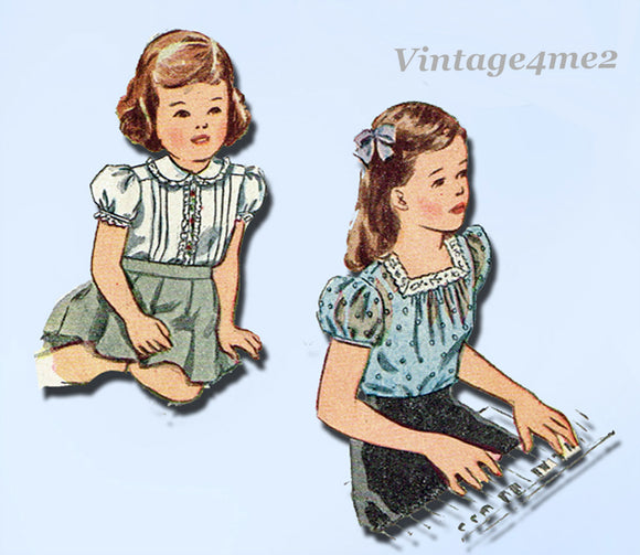 1940s Vintage Simplicity Sewing Pattern 2047 Sweet Toddler Girls Blouse Size 2
