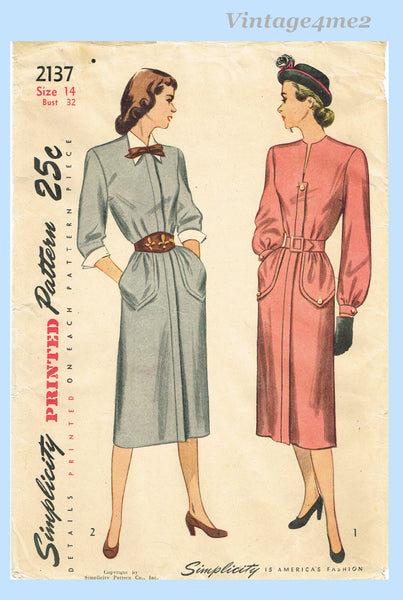 Simplicity 2137: 1940s Uncut Misses WWII Dress Size 32 B Vintage Sewing Pattern