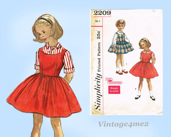 Simplicity 2209: 1960s Toddler Girls Easy Jumper Dress Vintage Sewing Pattern