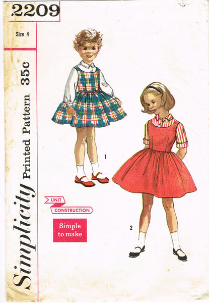 Simplicity 2209: 1960s Toddler Girls Easy Jumper Dress Vintage Sewing Pattern