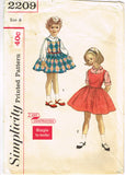 Simplicity 2209: 1960s Toddler Girls Easy Jumper Dress Vintage Sewing Pattern