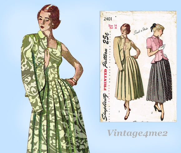 1940s Vintage Simplicity Sewing Pattern 2401 UNCUT Sundress w Jacket Sz 32 Bust
