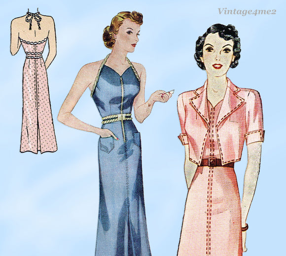 1930s Vintage Simplicity Sewing Pattern 2659 Misses Halter Sun Dress Sz 34 B