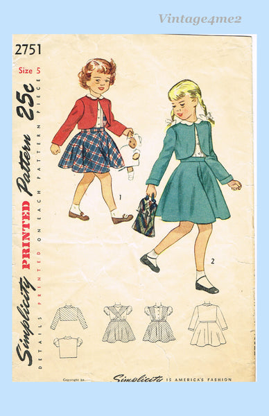 1940s Vintage Simplicity Sewing Pattern 2751 Cute Toddler Girls Bolero Suit Sz 5
