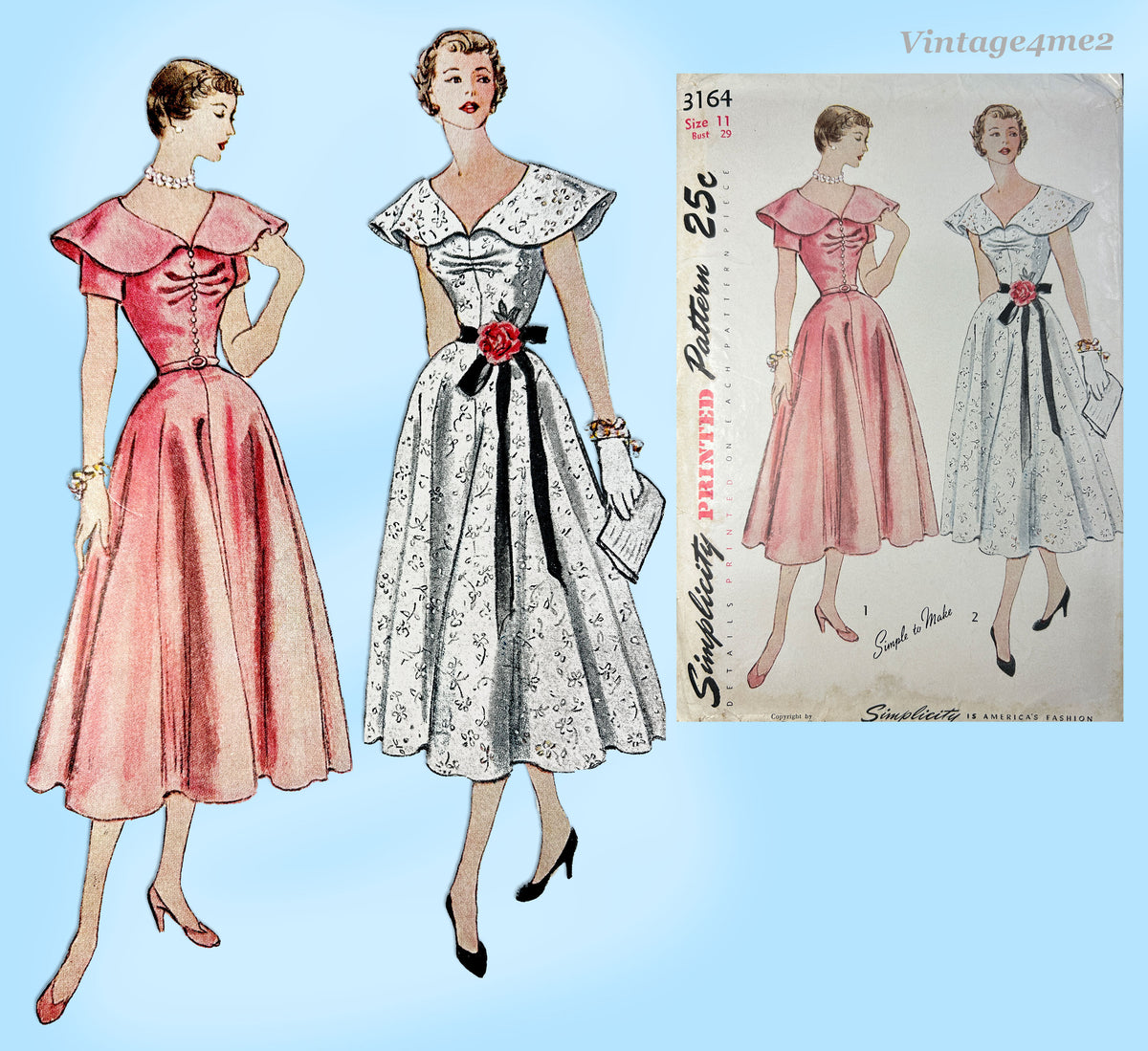 1950s Vintage Simplicity Sewing Pattern 3164 Misses Dinner Dress 29 B ...